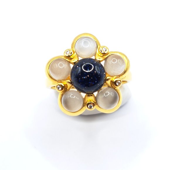 Hespera's Bubble Flower Ring - Gray Moonstone and Black Sunstone - Picture 2 of 3